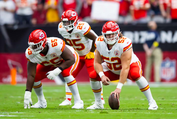 Sep 11, 2022; Glendale, Arizona, USA; Kansas City Chiefs guard Trey Smith (65) and center Creed Humphrey (52) against the Arizona Cardinals at State Farm Stadium. Mandatory Credit: Mark J. Rebilas-USA TODAY Sports
